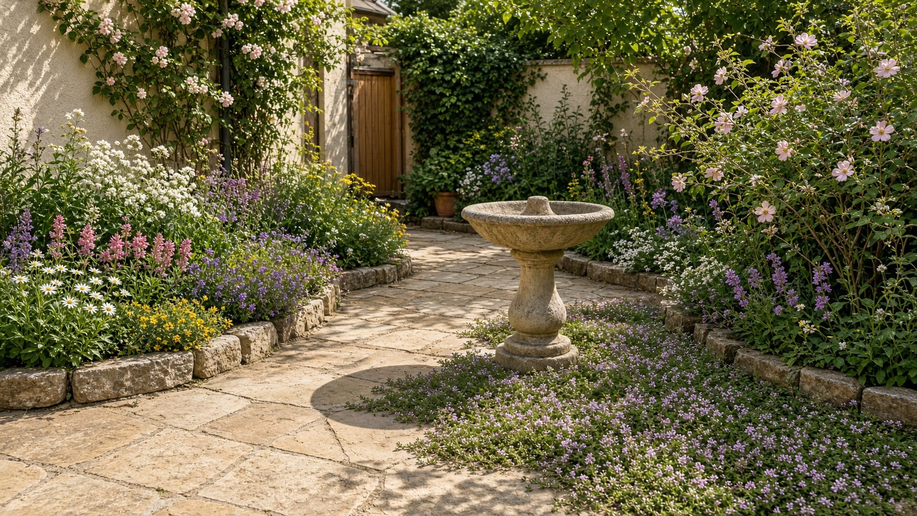 Privater Garten mit Blüten, Stein und Sandthymian