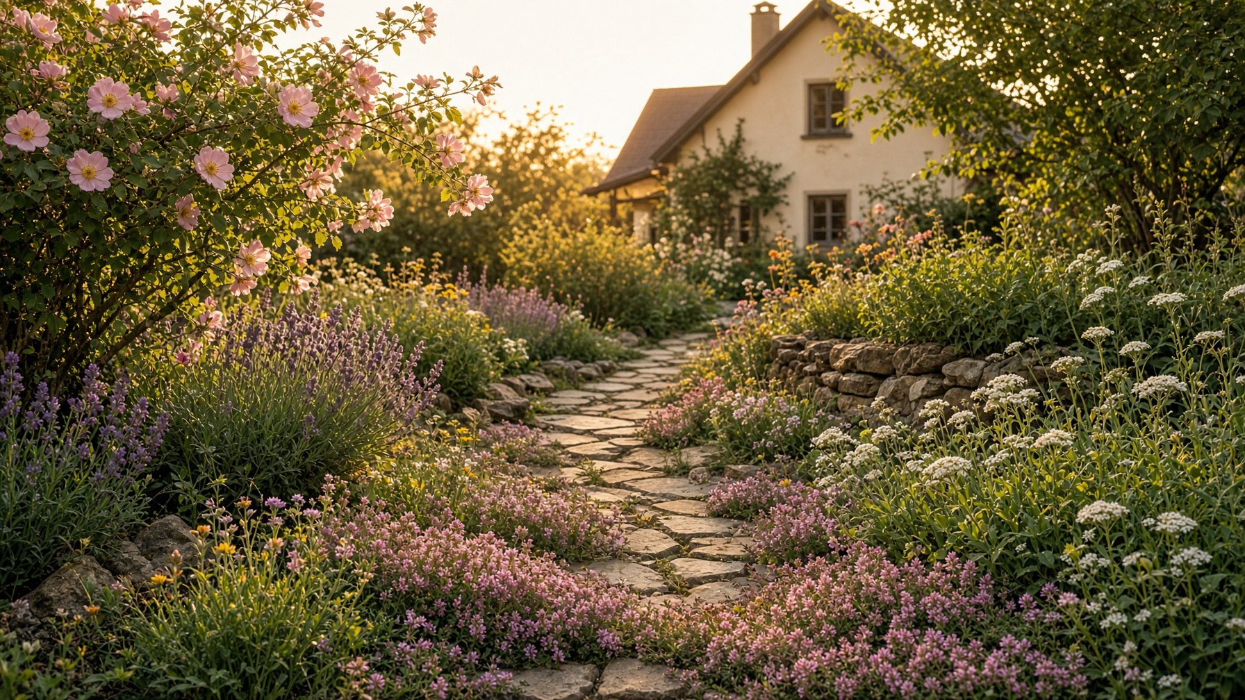 Naturnaher Privatgarten: Sandthymian, Steinweg, Blüten